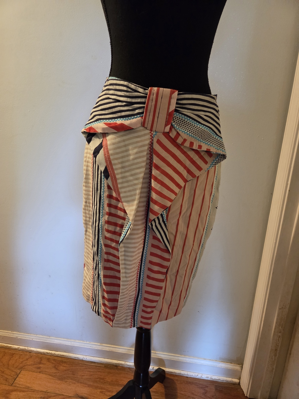 Anthropologie Red, White & Navy Striped Wrap Pencil Skirt